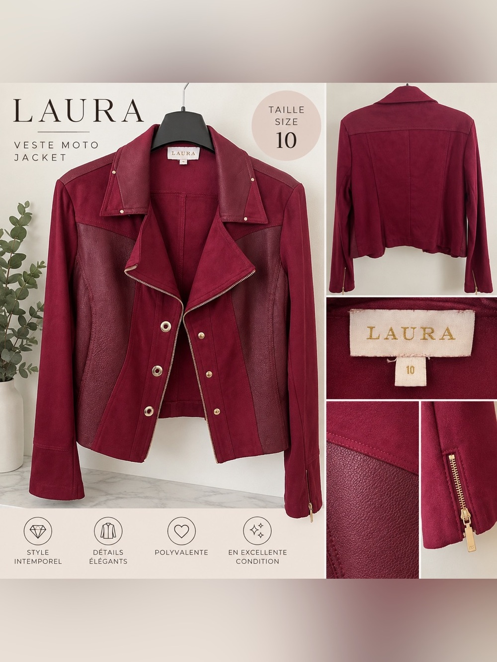 Laura Burgundy Mixed-Media Moto Jacket – Size 10